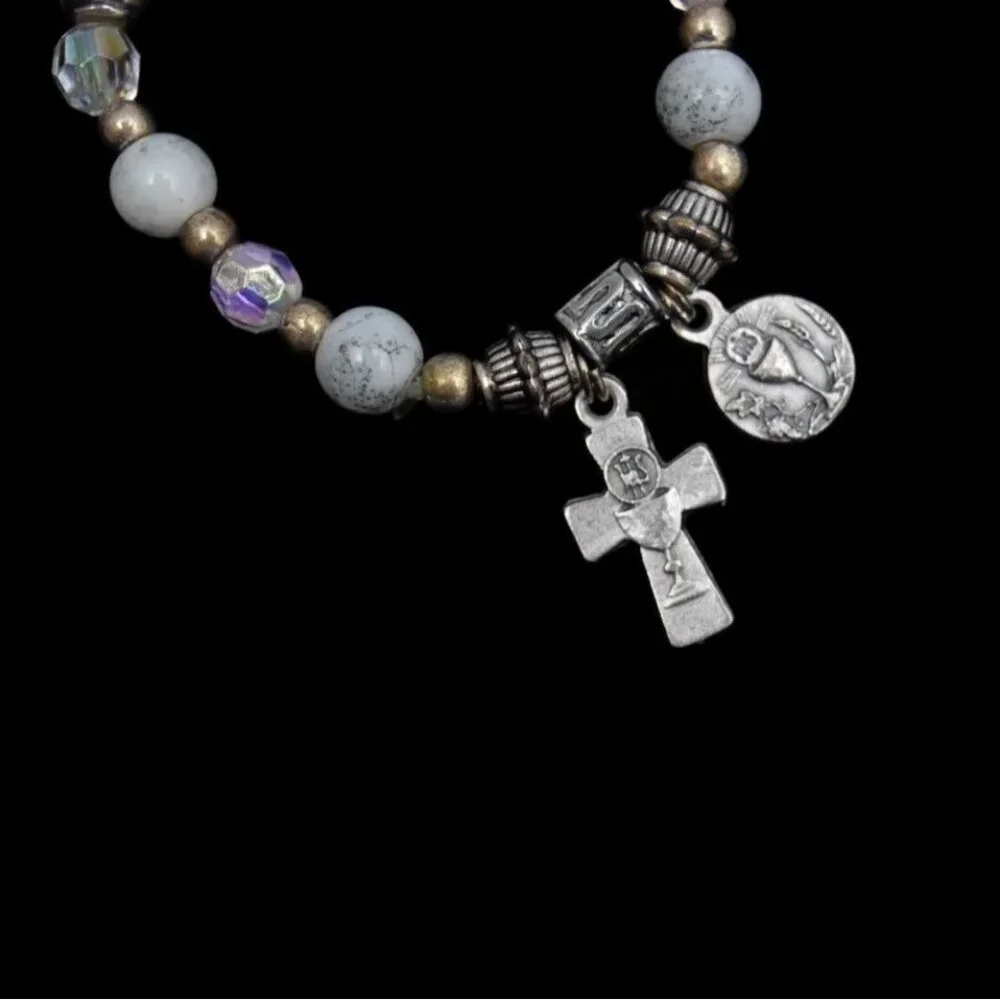 Religious First Communion Bracelet Silver Tone Chalice Cross Charm Glass Beads